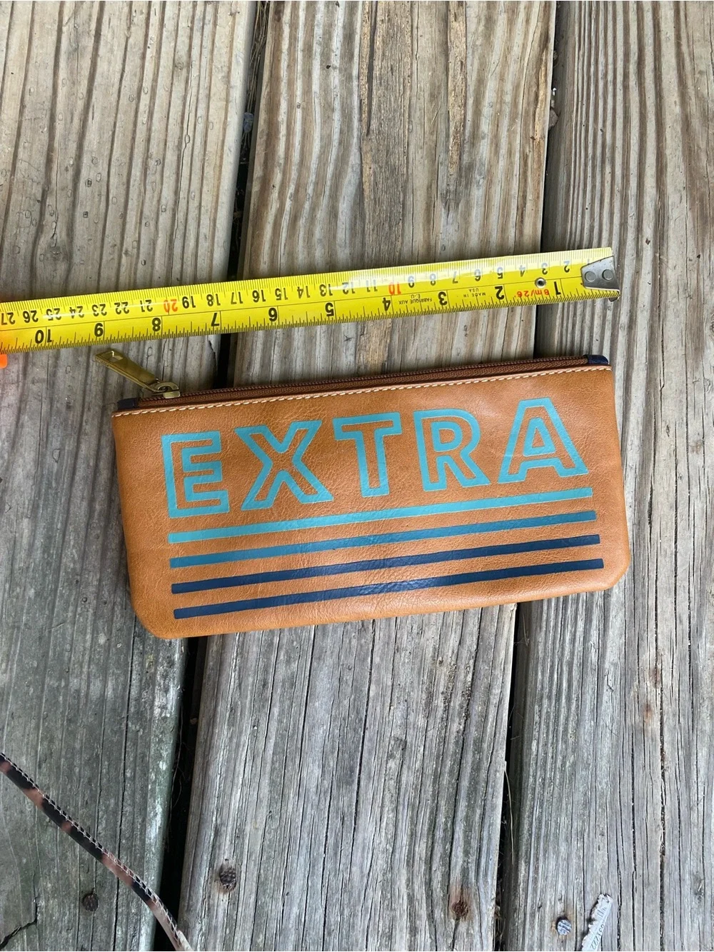 FOSSIL- Leather Zip Pouch - Tan with Turquoise and Navy Accents